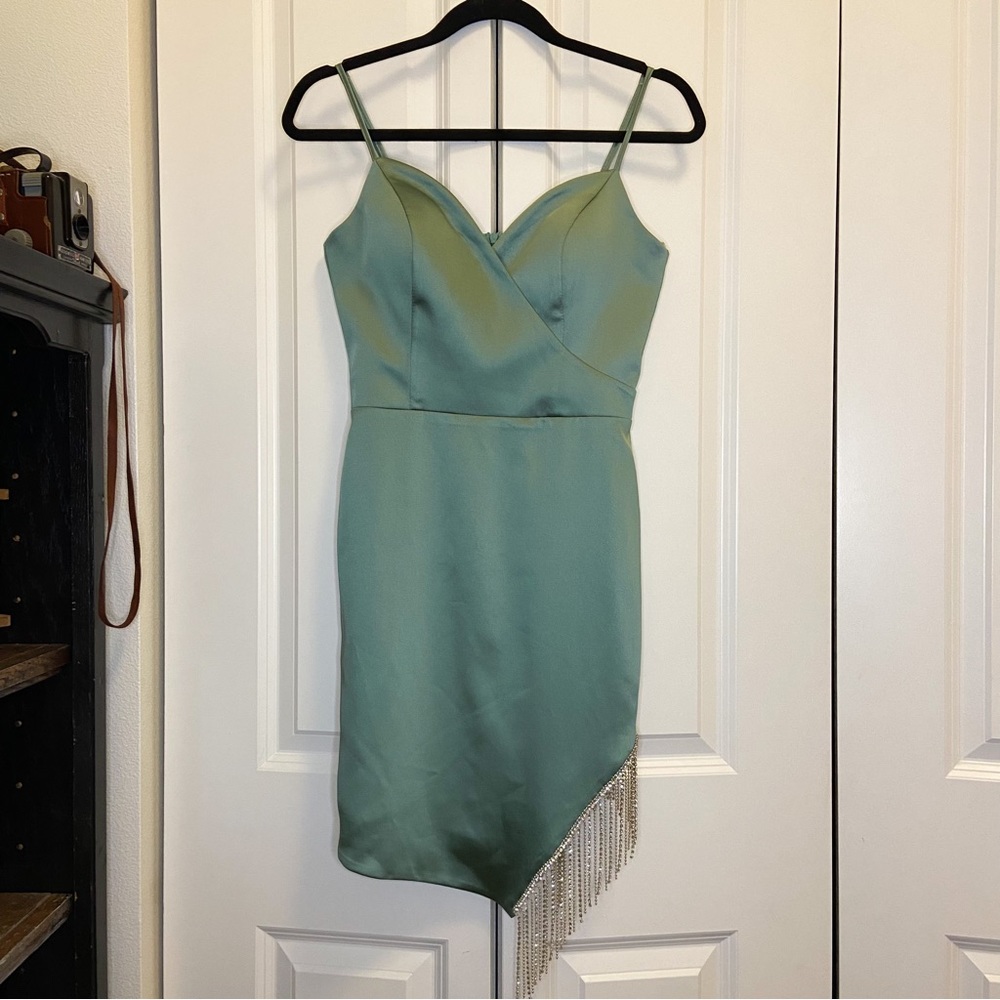 SATEN ISTANBUL GREEN SATIN MINI DRESS WITH RHINESTONE FRINGE